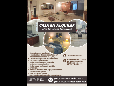Casas Alquiler Santiago Del Estero DUEO ALQUILA HERMOSA Y AMPLIA CASA EN PLENO CENTRO (SOLO FINES TURISTICOS - POR DIA)